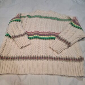 American Eagle Sweater Womens XL Cream Fair Isle Cable Knit Oversized Excellent
